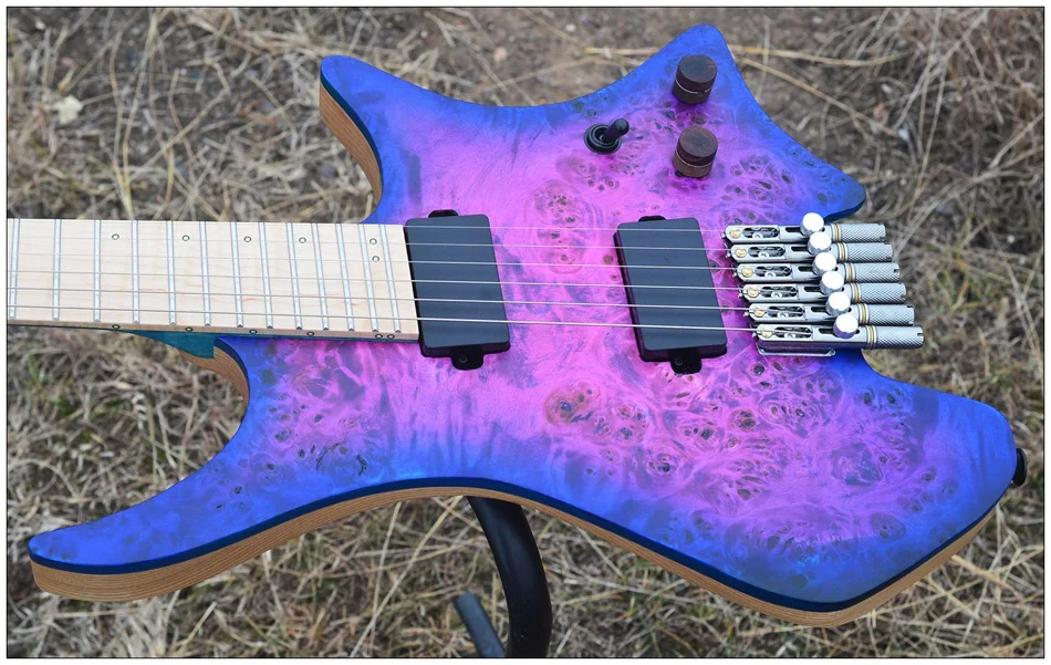 New NK Headless guitar Fanned Frets guitar Blue/Purple Color Eye Poplar top Flame maple Neck Eelectric Guitar free shipping