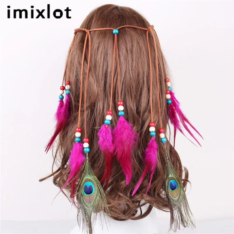 Imixlot богемный Индеец перья бисерная повязка на голову женская синяя хиппи одежда