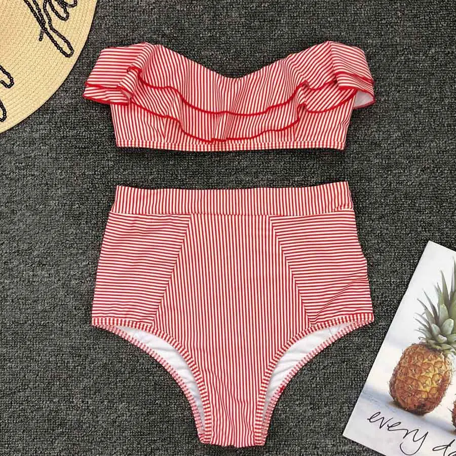 Женский купальный костюм из двух предметов желтое бикини в полоску с оборками