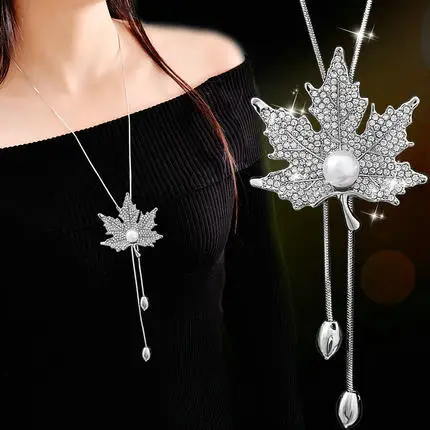 Ожерелье на длинной цепочке с подвеской в виде кленовых листьев|statement necklace|chain