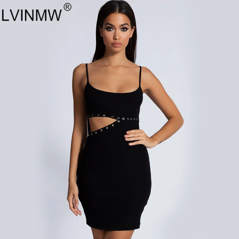 LVINMW Sexy Black Spaghetti Straps Hollow Out Bodycon Dress 2019 Summer Women Backless Off Shoulder Mini Party Dresses | Женская одежда