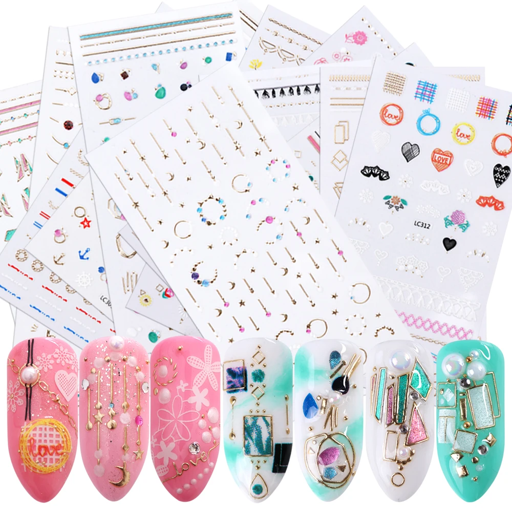 1 шт стикеры 3D на ногти Nail Art Наклейки, Клейкие Ювелирные изделия, ползунок, геометрические цветы, обертывание ногтей, золотое ожерелье, украшение для маникюра, TRLC301-312