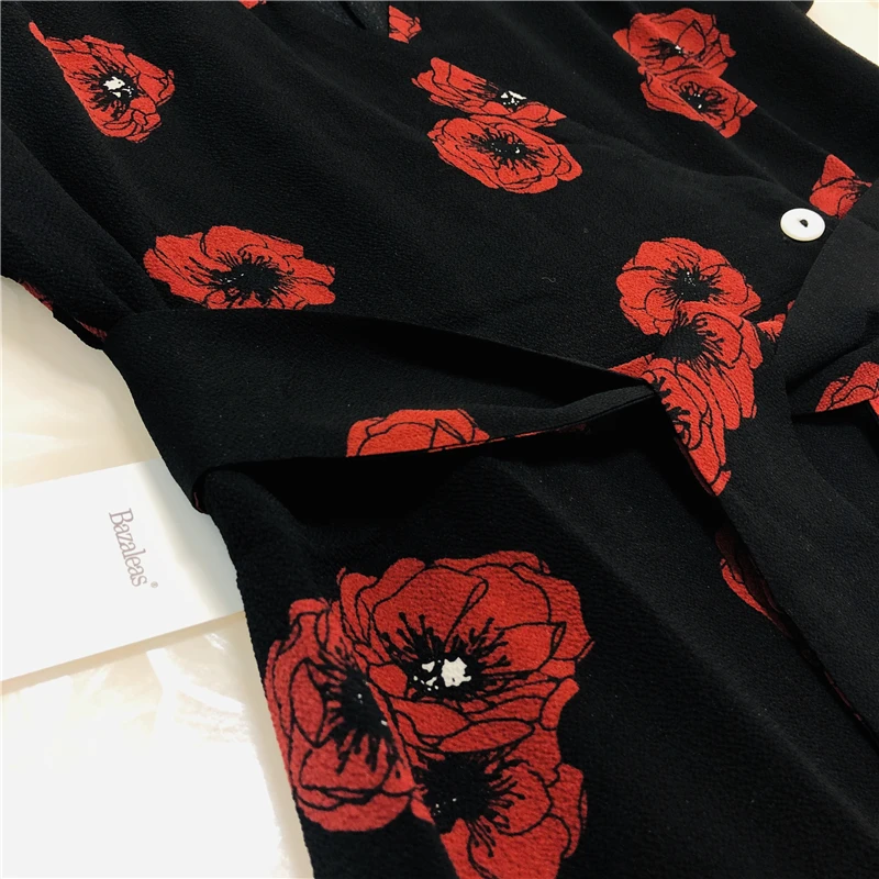 Миди черный anemone палантин с принтом платье пышное летнее платье vestidos модные пуговицы и галстук спереди платья