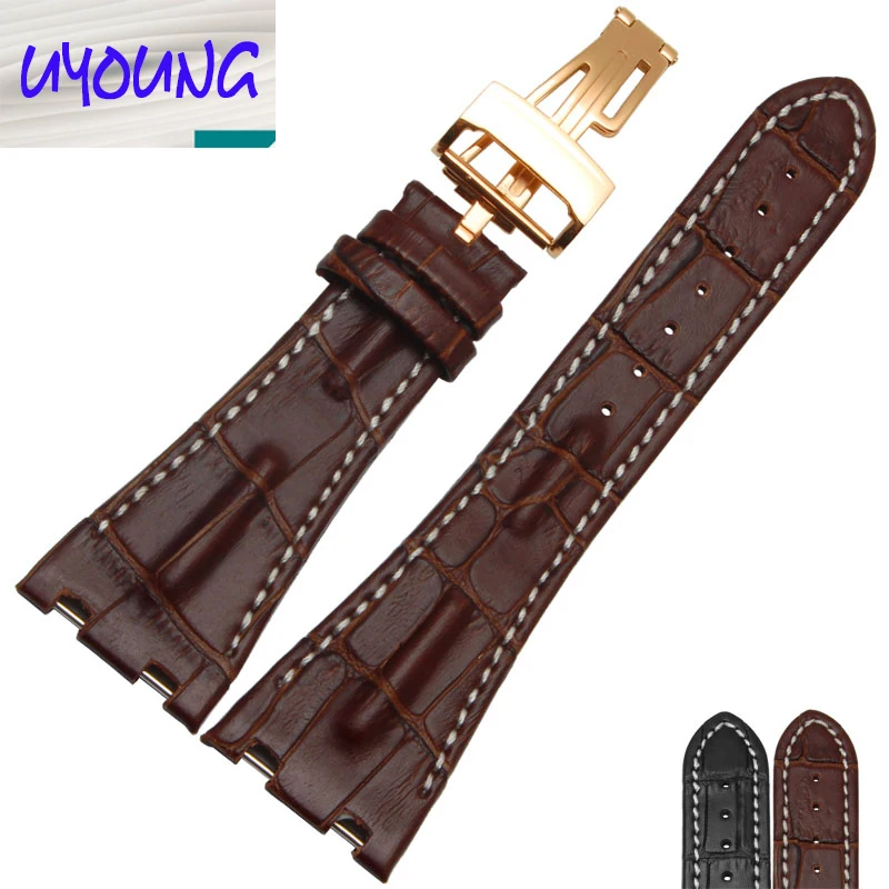 Watch band 28mm New Men High Quality Genuine Leather Watchbands Strap With Rose Gold Deployment Steel Watch buckle Clasp