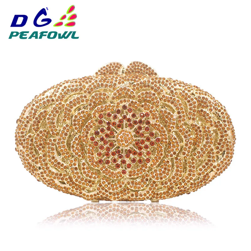 Luxury Gold Crystal Flower Women Evening Bag Peacock Diamond Party Purse Women Chain Handbags Wedding Bag Day Clutches