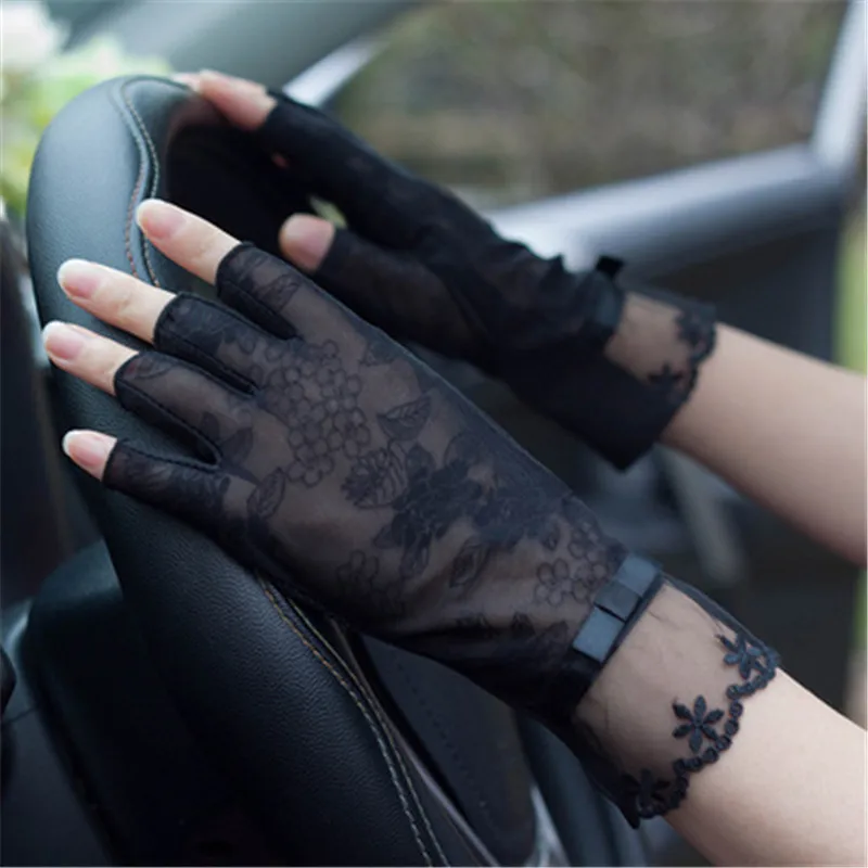 one knot black Полуоткрытыми пальцами, кружевные солнцезащитные перчатки женский летний ледяной шелк пол пальцев анти-скольжения вождения тонкий УФ модные женские туфли варежки TB54 - Цвет: one knot black