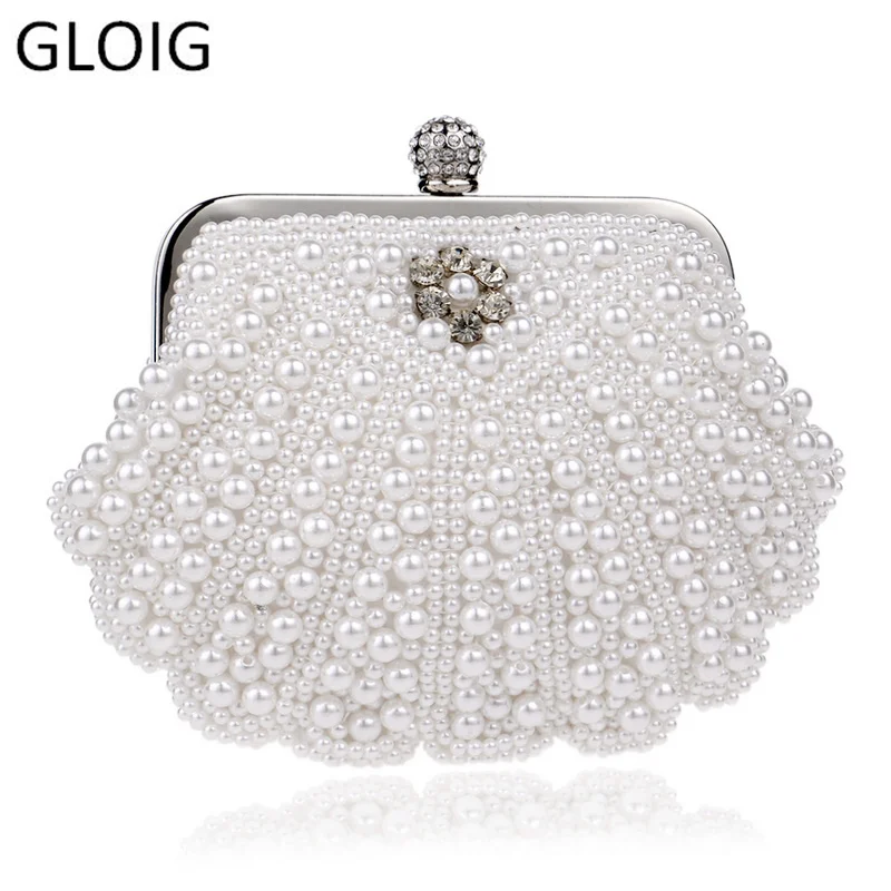 

GLOIG Women shell beaded evening clutch bags pearl imitation diamonds small day clutches for party wedding handbags