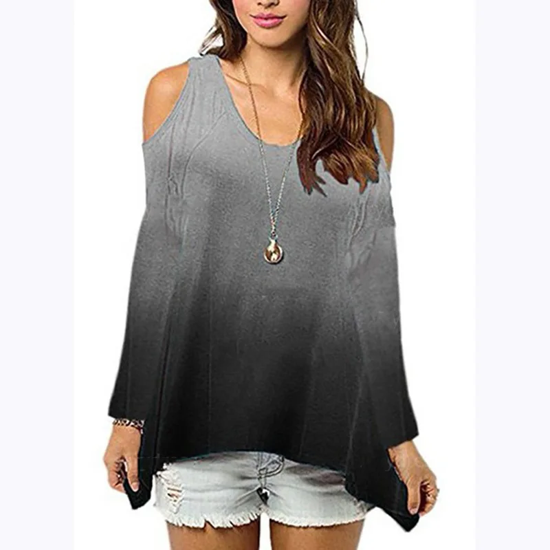 

6 Color Off-shoulder Shirt T-Shirt 2018 Summer Women Long Sleeve O Neck Cotton Tops Tee Casual Loose Gradient Color T shirts