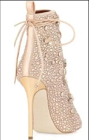 hot sale woman lace up high heel boots rhinestones peep toe ankle |