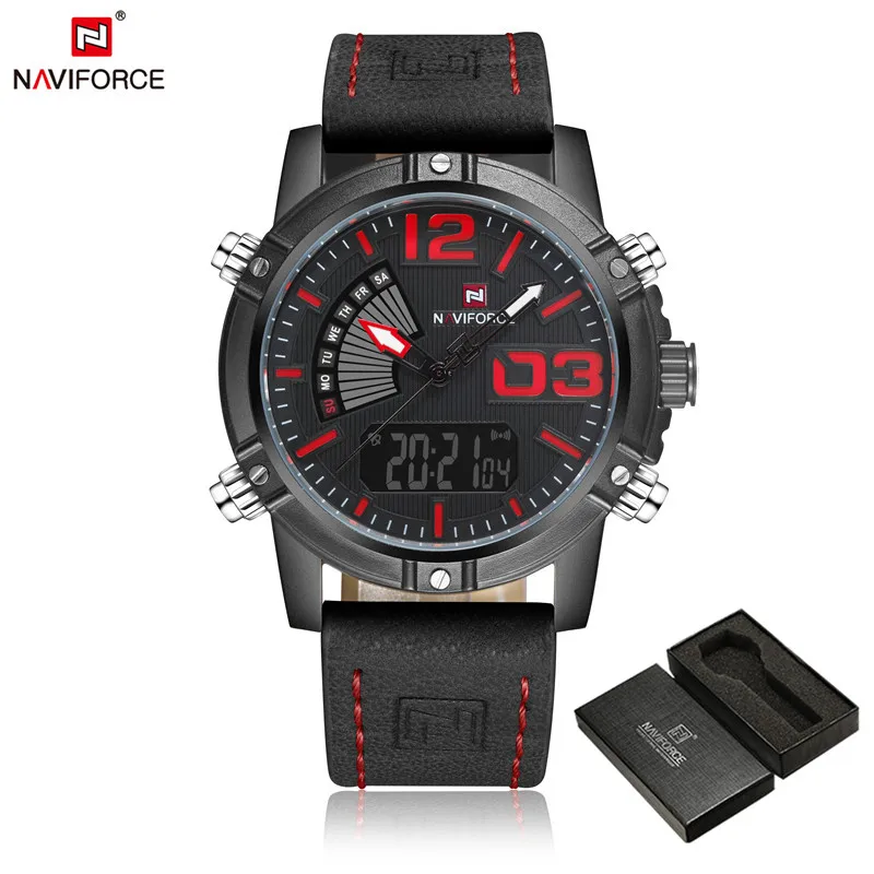NAVIFORCE, мужские часы, цифровые, спортивные, мужские, s, наручные часы, лучший бренд, Роскошные, военные, армейские, кожаный ремешок, аналоговый, светодиодный, кварцевые, мужские часы 9095 - Цвет: NA909502 with box