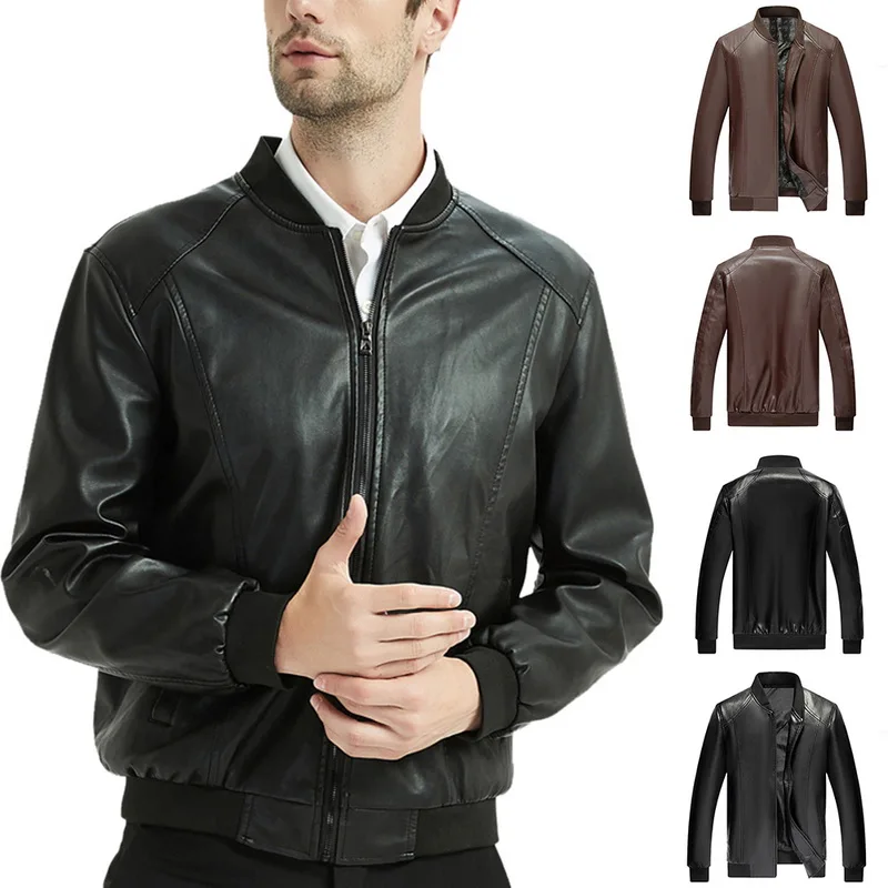 Новая Осенняя мужская молния кожаная куртка воротник-стойка ПУ искусственная