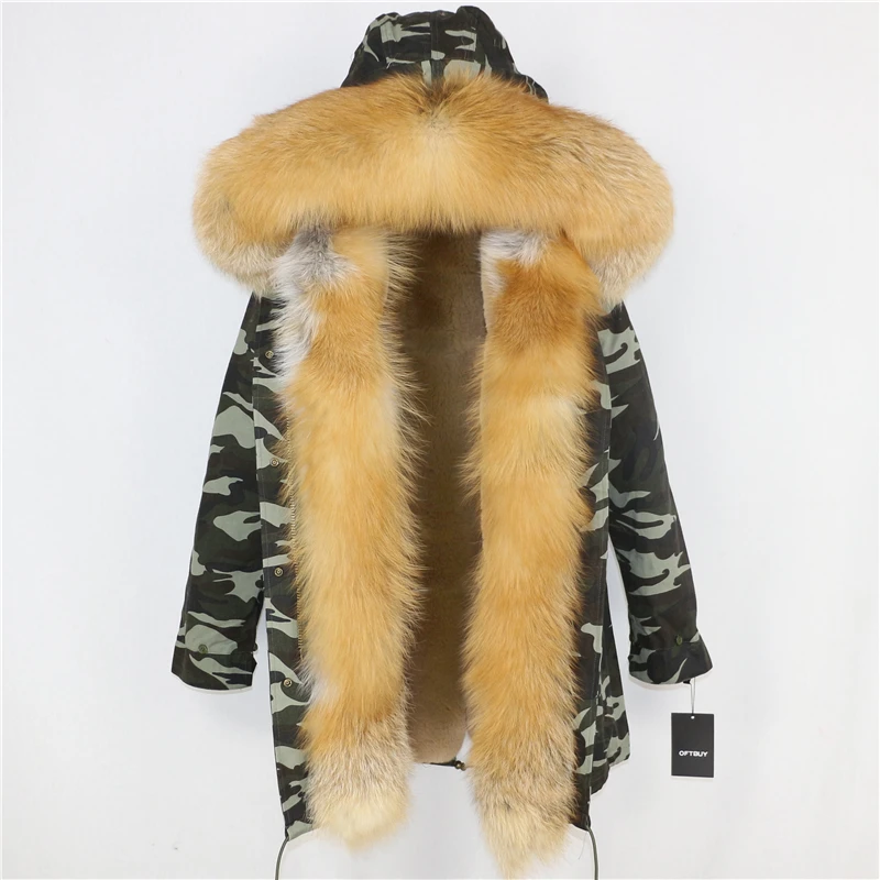 green camo gold E OFTBUY,, настоящая лисица, пальто, зимняя куртка, Женская длинная парка, натуральный Лисий мех, отделка, капюшон, брендовая парка, толстая, теплая, уличная одежда, съемная - Цвет: green camo gold E