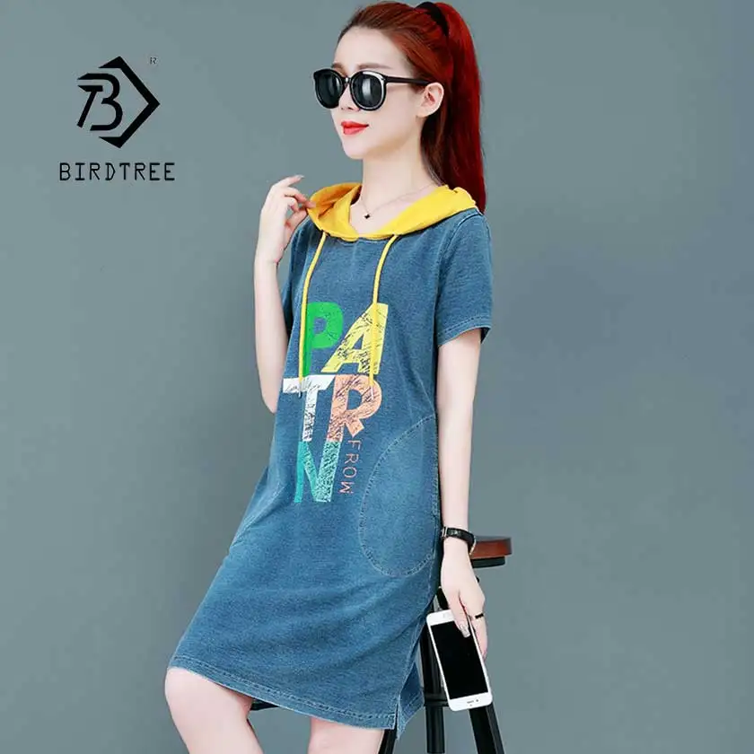 

2022 Women's Hooded Denim Loose Dresses Print Letter Diagonal Pocket Short Sleeve Jeans Female Vestido Casual Hot Sales D95805Z