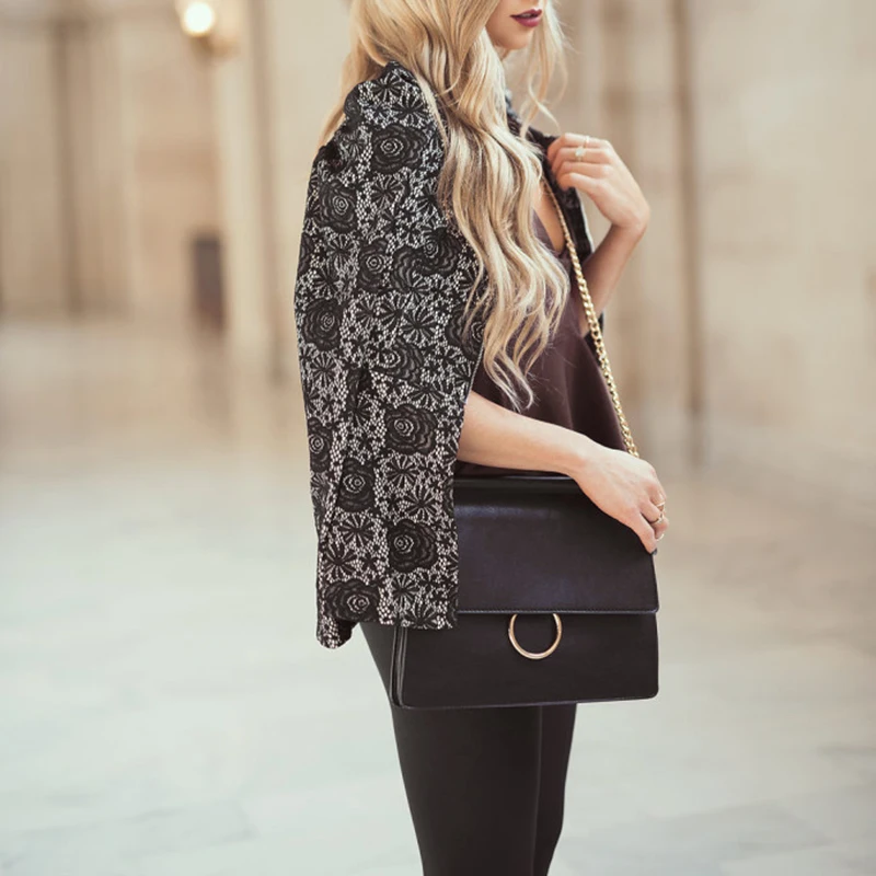 Черный круглый вырез длинный рукав приталенный весна осень хлопок кружево