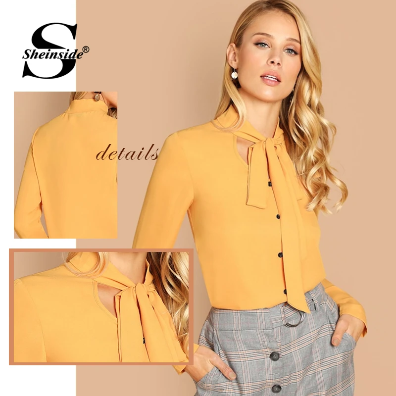 Sheinside, коричневая однобортная блузка с завязками на шее, женская летняя рабочая одежда, одноцветные Топы, модные весенние элегантные женские блузки