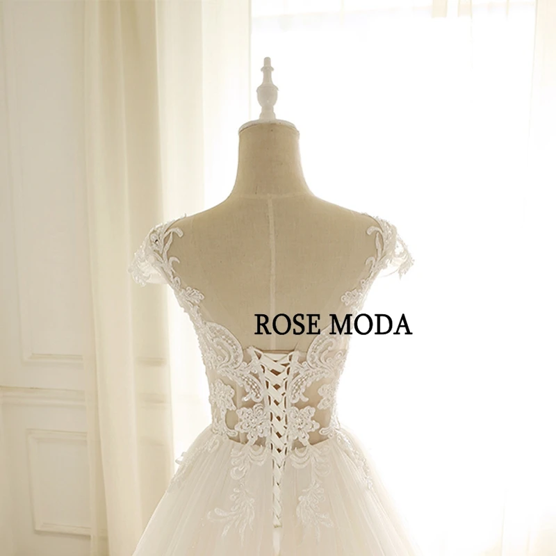 

Rose Moda Short Cap Sleeves Princess Tulle Wedding Dress Lace Bridal Dresses with Train Real Photos