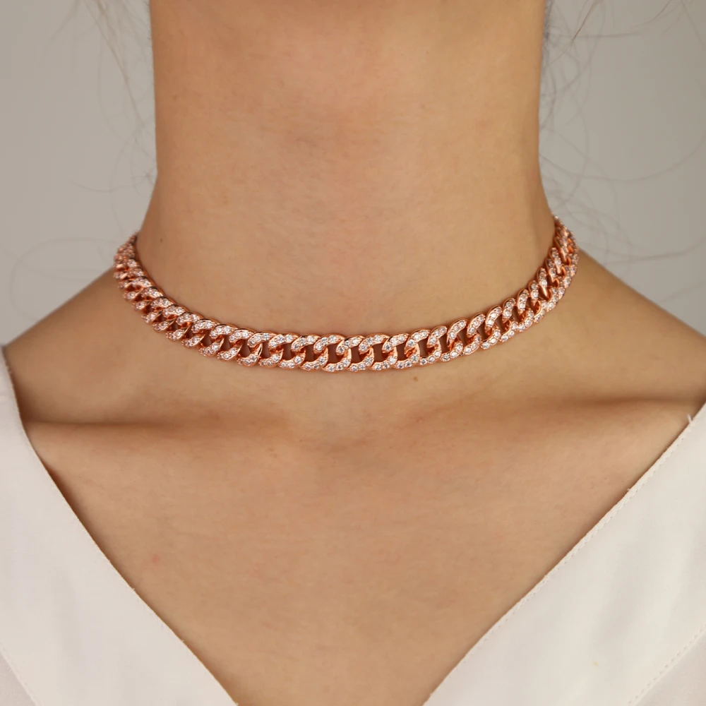 

Hot sale hip hop 38cm rose gold color full cz cuban link chain sparking ice women hip hop ice choker chain wedding necklace