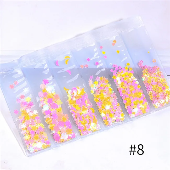 8 6 Patterns/Bag Holographic Nail Glitter Sequins Powder Mixed Size Nail Pigment Dust Colorful Flakes 3D Nail Art Decoration DIY - Цвет: 8