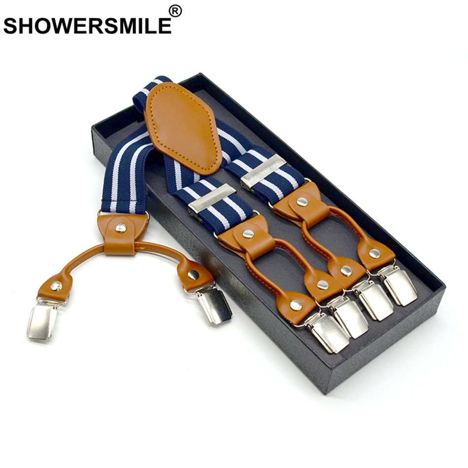 SHOWERSMILE мужские подтяжки для брюк полосатые подтяжки темно-синие 6 зажимов модные брюки на лямках Y Задняя жаккардовая подвеска для мужчин 3,5 см