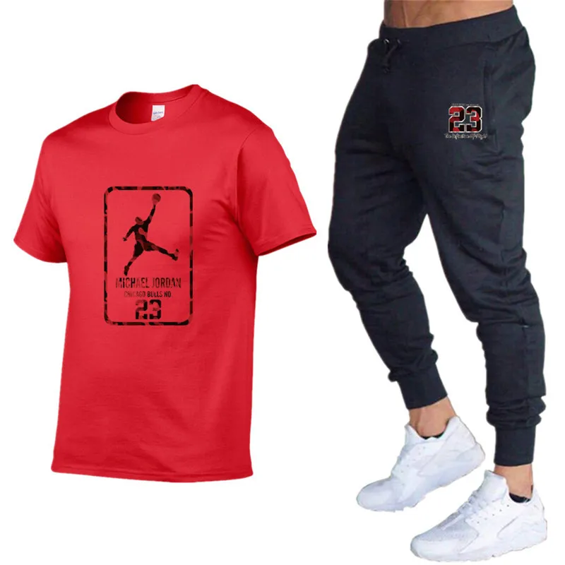 Качественные Брендовые мужские комплекты Jordan 23 футболки+ брюки Мужская брендовая одежда костюм из двух предметов спортивный костюм футболки спортивные залы тренировка набор для фитнеса