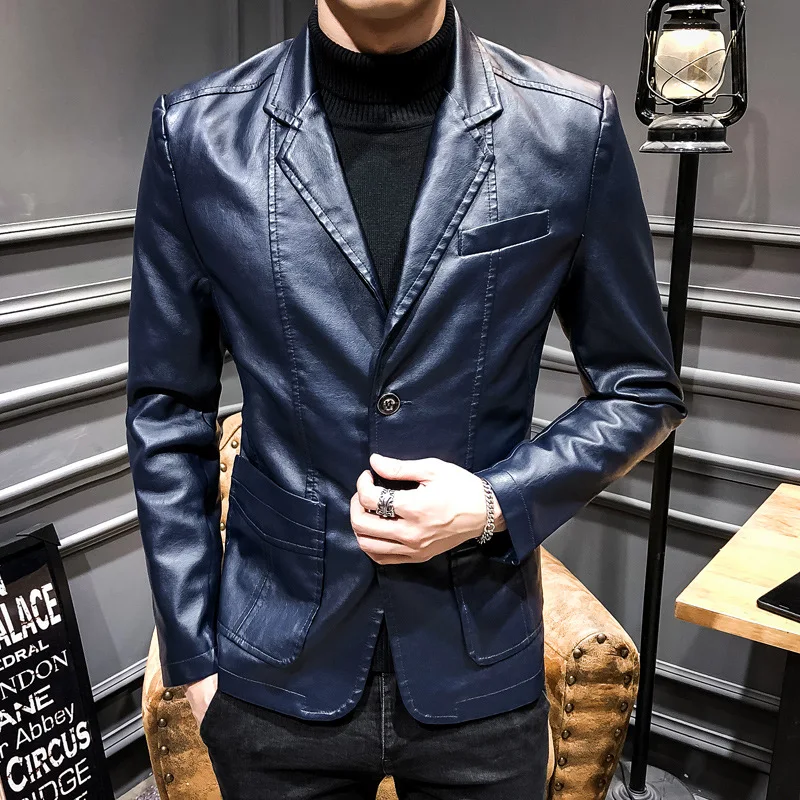 

Korean Autumn PU Leather Blazers Men Casual Mens Suit Jacket Casual Slim Motorcycle Faux Leather Suit Homme Costume