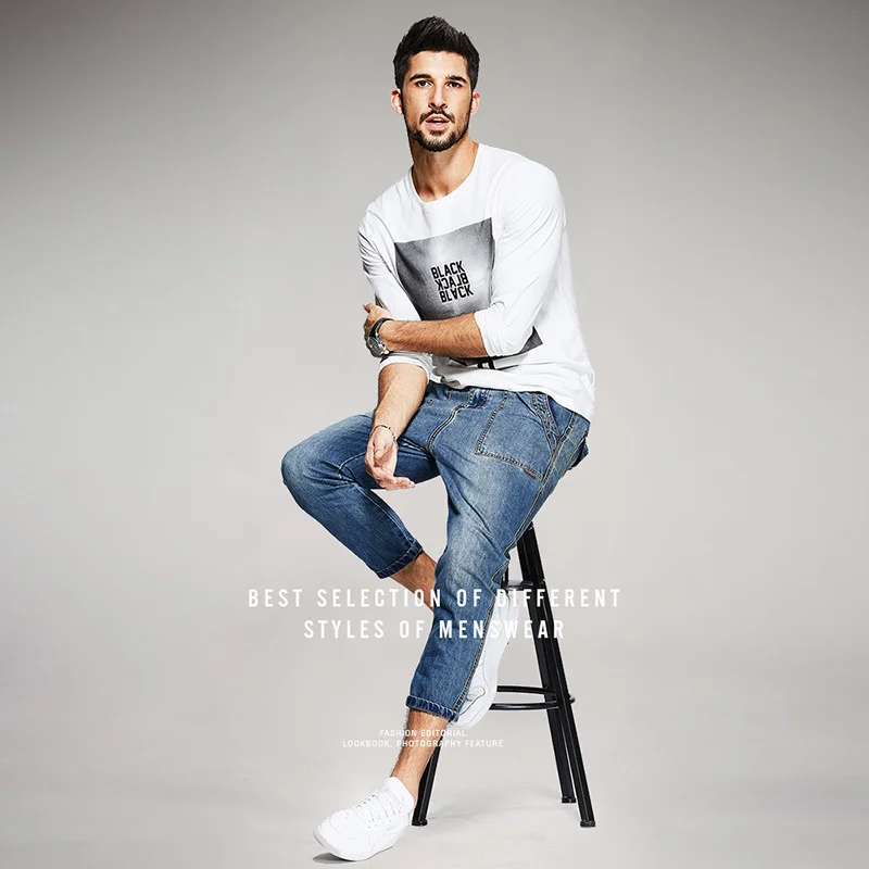 KUEGOU осень джинсовые штаны-шаровары, Для мужчин бренда Slim Fit рваные бедствия штаны для мальчиков Модная уличная одежда в стиле «хип-хоп», джинсовые брюки 2377