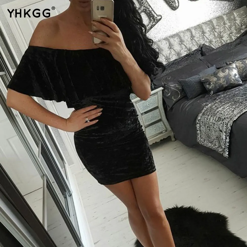 Новый Без Бретелек бархат bodycon dress sexy women слово плечо mini ночной клуб | Женская