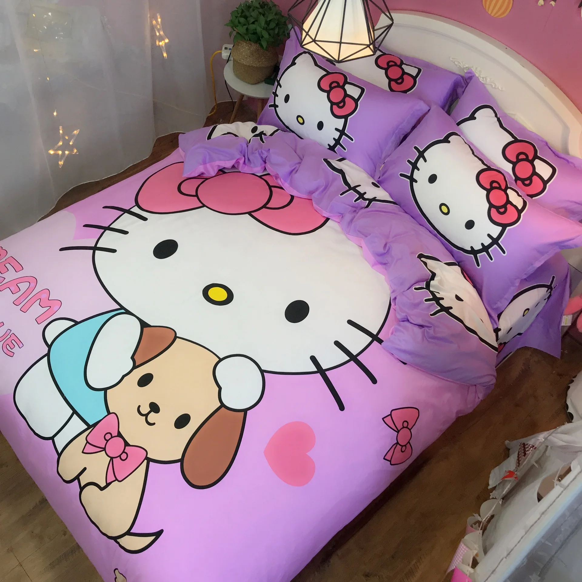 Hello kitty Милый хлопковый Детский Комплект постельного белья, простыня фиолетового цвета, мультяшная девочка KT, 4 шт., милые пододеяльники и одеяла, розовый цвет - Цвет: Сливовый