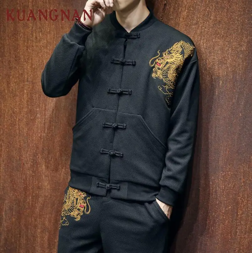 Two KUANGNAN, китайский стиль, мужская куртка, пальто, вышивка дракона, 5XL, мужская куртка, пальто, черная уличная куртка-бомбер, мужская куртка, зима - Цвет: Two