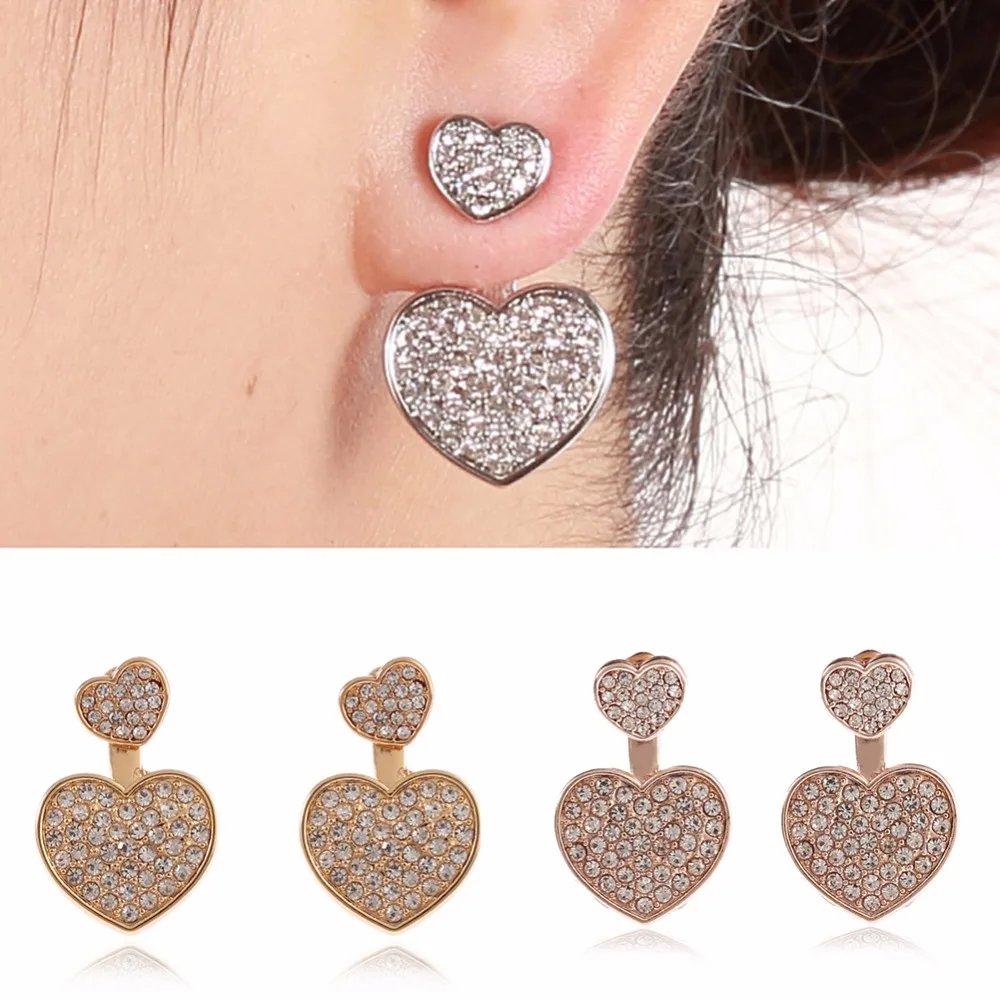 1 пара модные маленькие и большие сердце кристалл Стразы сзади спереди Серьги уха