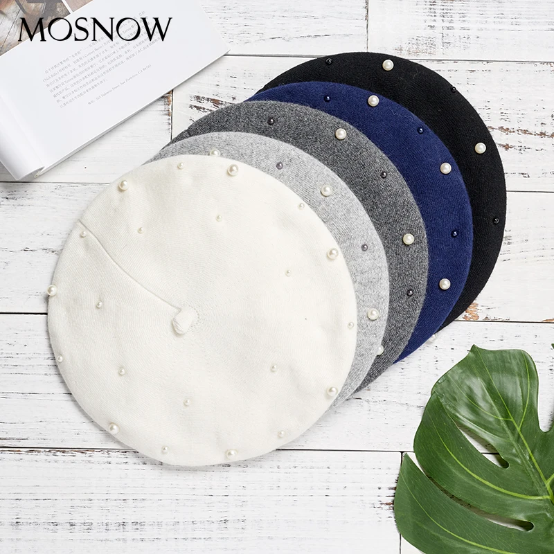 Женские береты зимние шапки с украшением из жемчуга и кроличьей шерсти новые