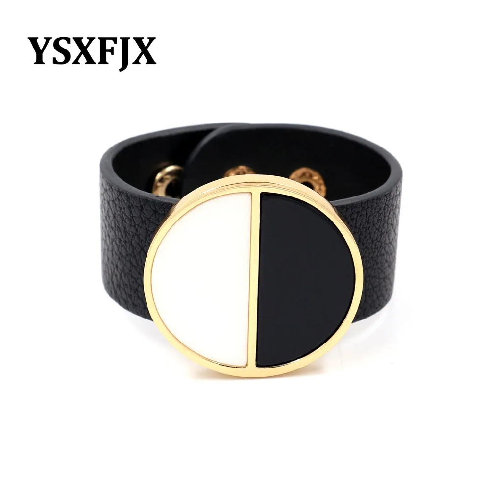YSXFJX Exaggerated big wild personality geometric wide bracelet black and white leather fashion female  Украшения и