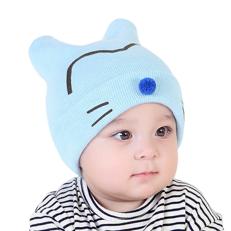 2017 детская шапка с милым котом вязаные крючком Теплые зимние осенние шапки для