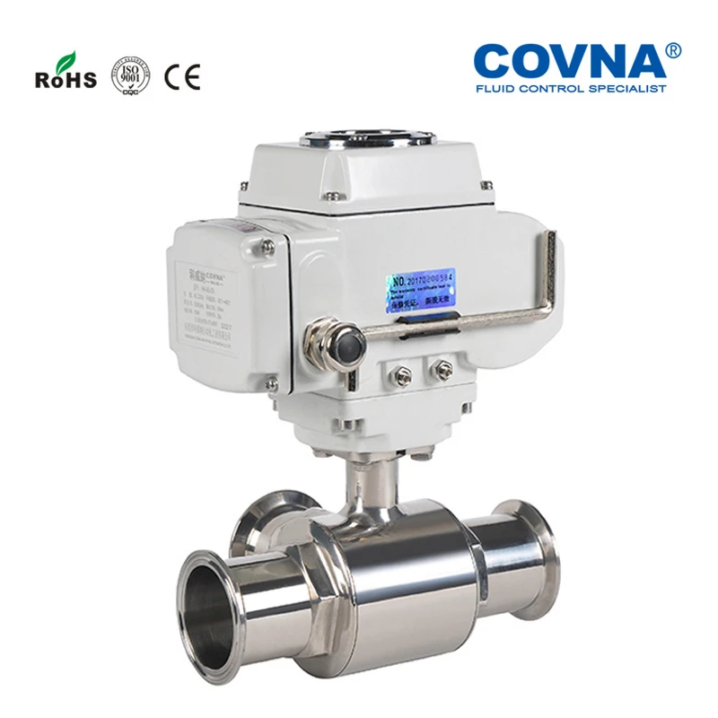 COVNA 2-1/2 inch Sanitary 3 Ways Motorized Tri Clamp Ball Valve Modulating 4-20mA Stainless Steel 304 PTFE Sealing L Port T |