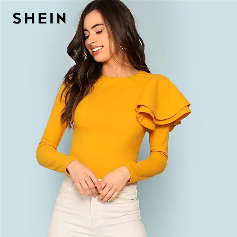 SHEIN элегантная однотонная облегающая футболка с длинным рукавом на молнии сзади и рюшами, Топ для женщин, современная Женская Осенняя футболка