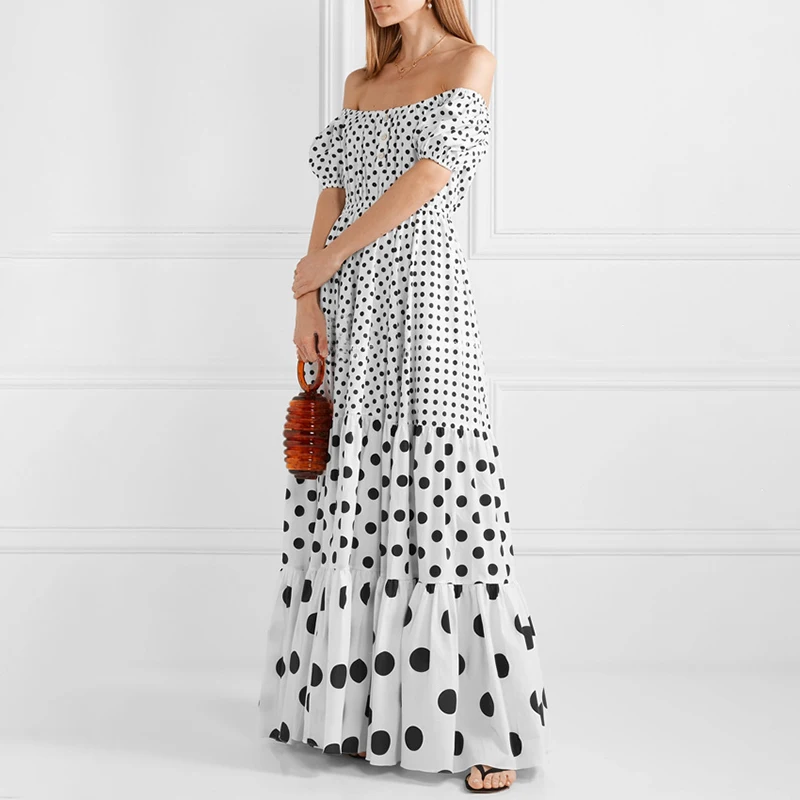 SISPELL Hit Color Floor-Length Women's Dress Slash Neck Off Shoulder Backless Dot A Line Female Dresses Fashion New 2019 Summer | Женская