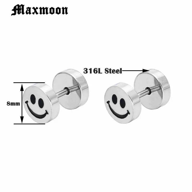 Maxmoon Smile face White Black titanium steel Punk Men Screw Back (pierced) stud earrings No fade | Украшения и аксессуары