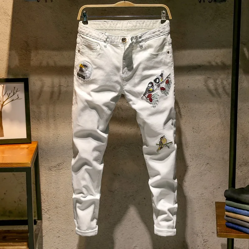 Джинсы мужские облегающие с вышивкой модные повседневные брюки-стрейч из денима