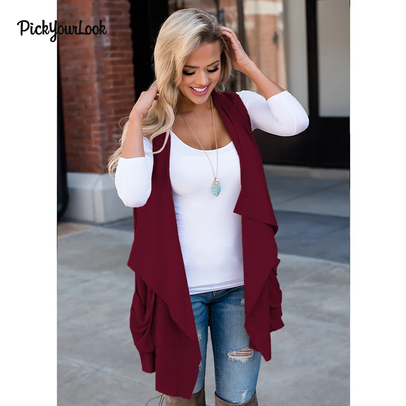 PickyourLook женский кардиган без рукавов, однотонное женское кимоно, жилет, кардиган, пальто, верхняя одежда, открытая Женская куртка с карманами, женские кардиганы