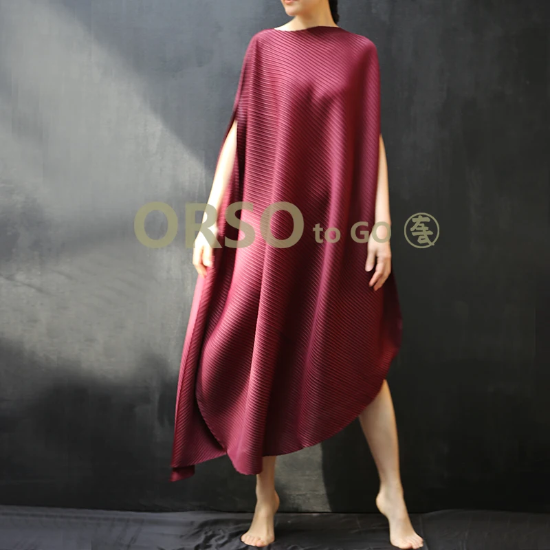 Wine red Changpleat летнее Новое Женское свободное платье Miyak Плиссированное модное дизайнерское однотонное платье с круглым вырезом большого размера Несимметричное женское платье - Цвет: Wine red