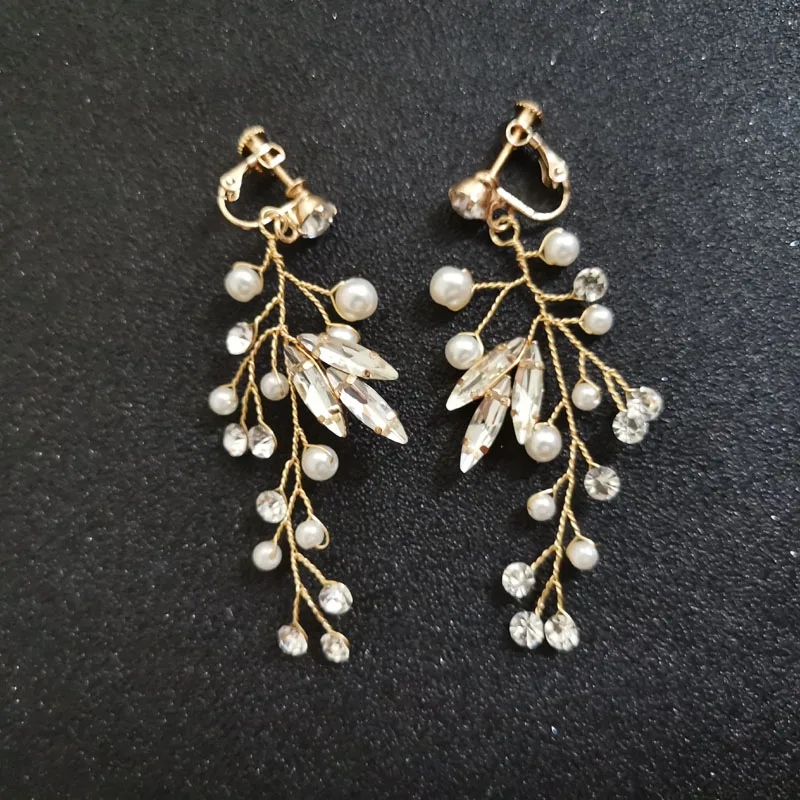 2122 Gold SLBRIDAL, Стразы ручной работы, кристаллы, жемчужные клипсы на/ушной штифт, свадебные висячие серьги, свадебная люстра, серьги, Женские Ювелирные изделия - Окраска металла: 2122 Gold