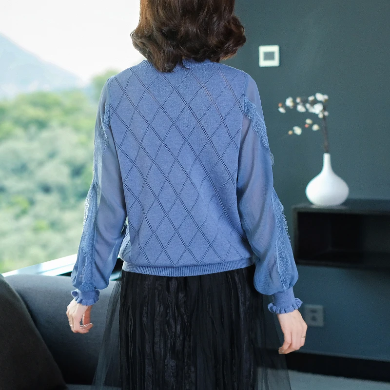 Brand Knit Sweater 2019 Spring Fall Women New Pure Color Panel Lace Lantern Sleeve Casual O-neck Pullover Female | Женская одежда