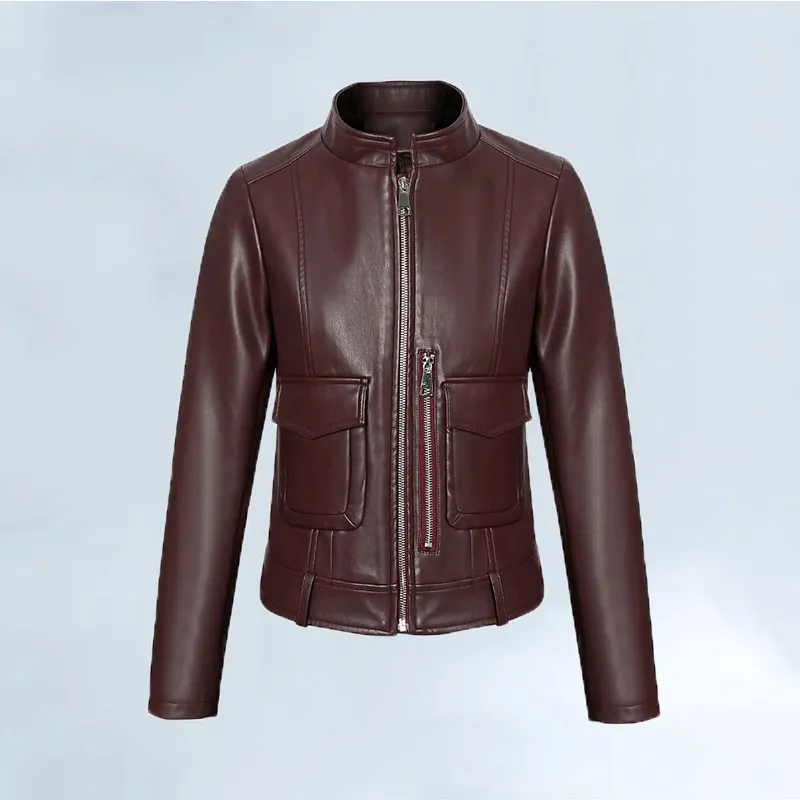 Куртка женская из натуральной кожи короткая приталенная однотонная большого