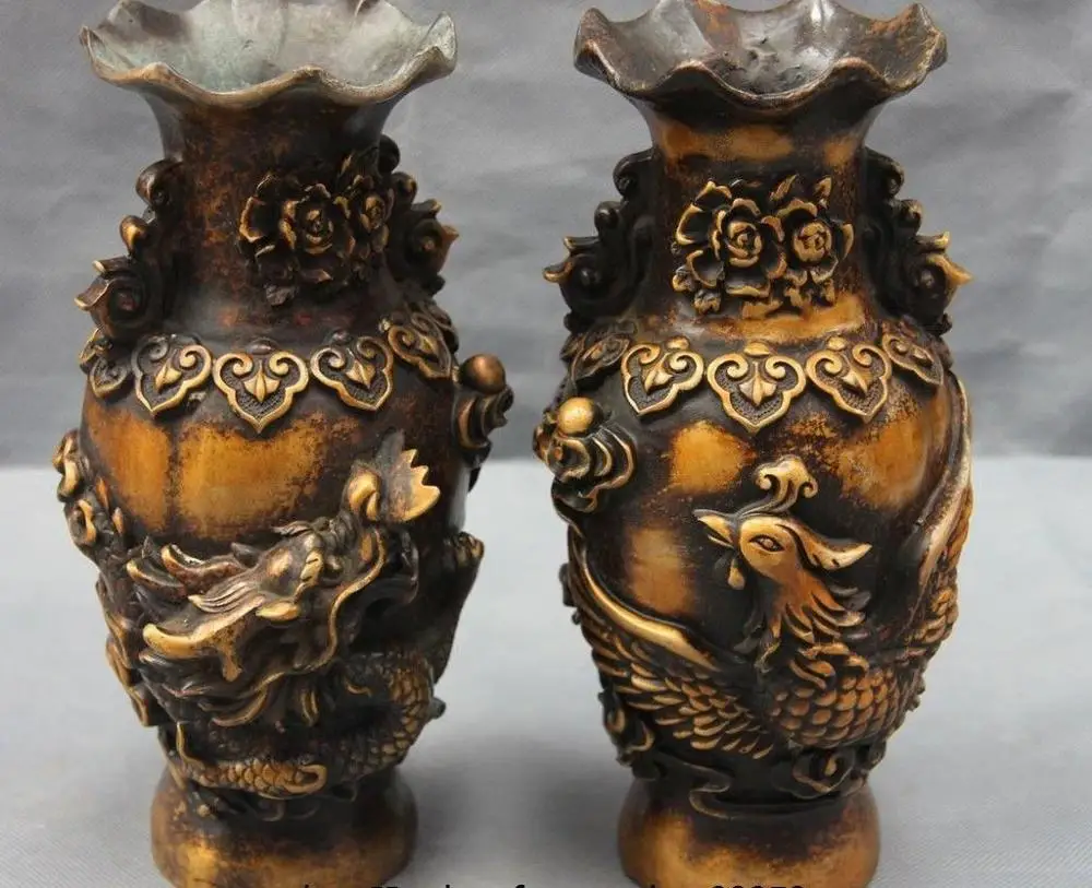 Китайская Бронзовая медная статуя дракон феникс Бог птица колба горшок бутылка