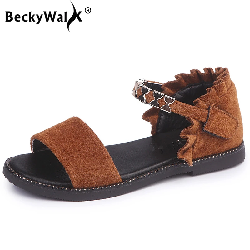 BeckyWalk/с открытым носком и закрытой пяткой; переплетающийся ремешок; детские сандалии, для девочек Летняя обувь на высоком каблуке; модные туфли с рюшами на плоской подошве Повседневное детская обувь сандалии для девочек CSH615