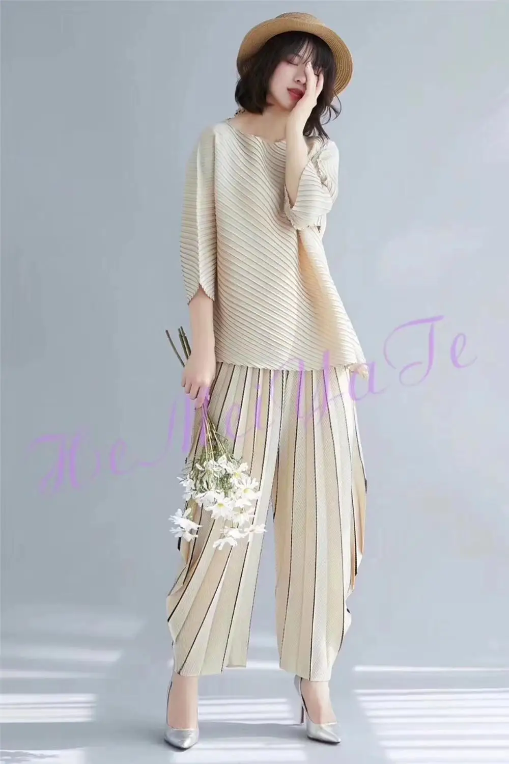 HOT SELLINGfashion fold  striped mid waist straight wide leg pants female Harem pants IN STOCK