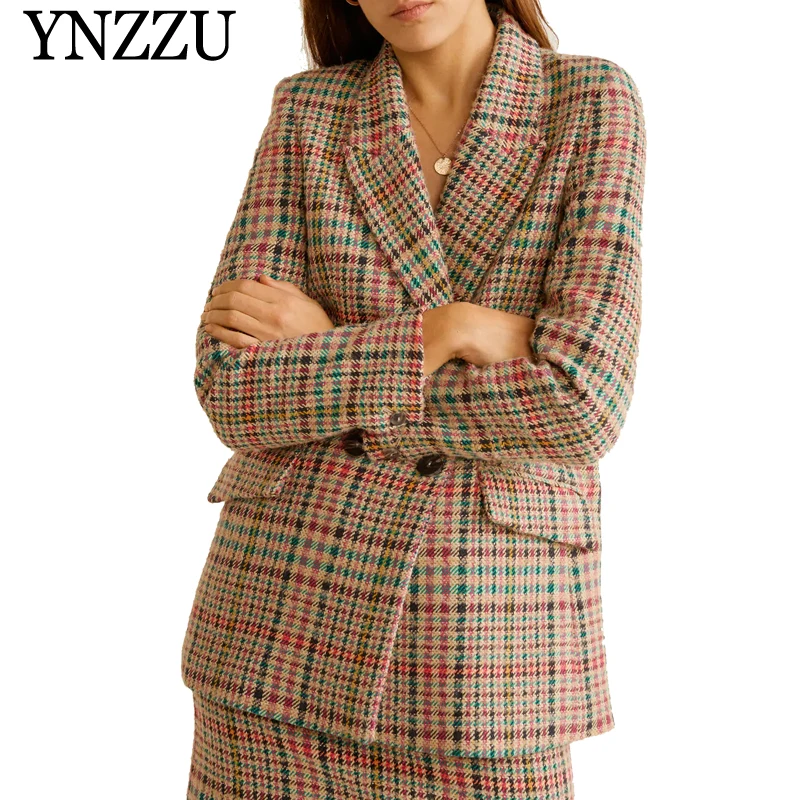YNZZU, элегантный, осень, многоцветный, Женский блейзер, новая мода, двубортный, офисный, женский костюм, свободный, длинный рукав, пиджак, YO870