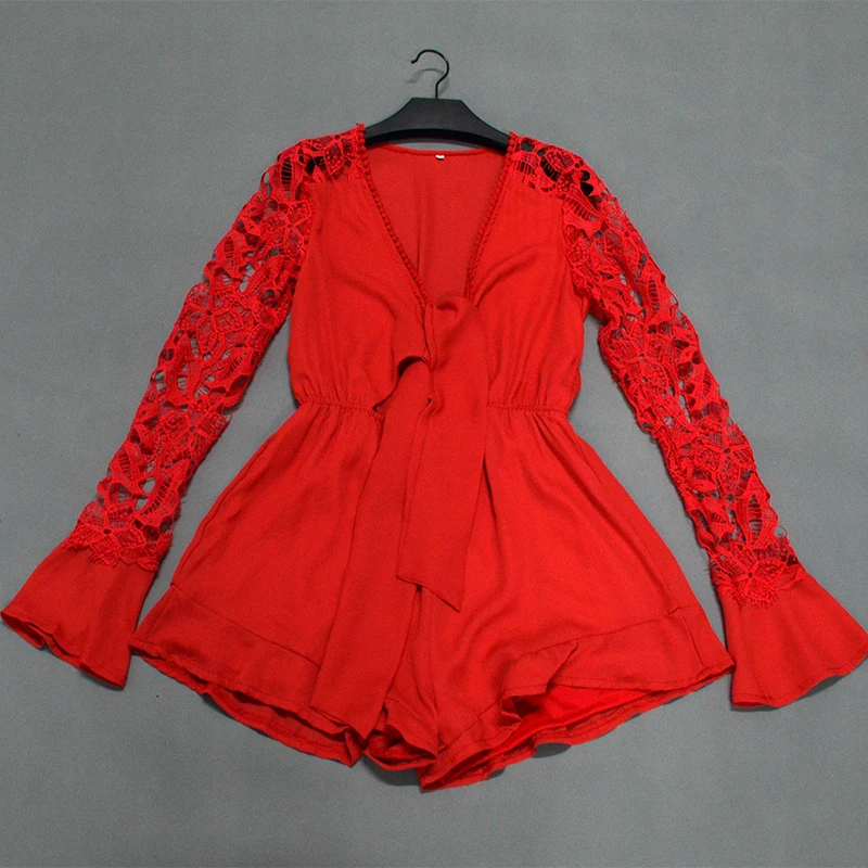 2018 красный кружевной комбинезон Для женщин Глубокий V с длинным рукавом