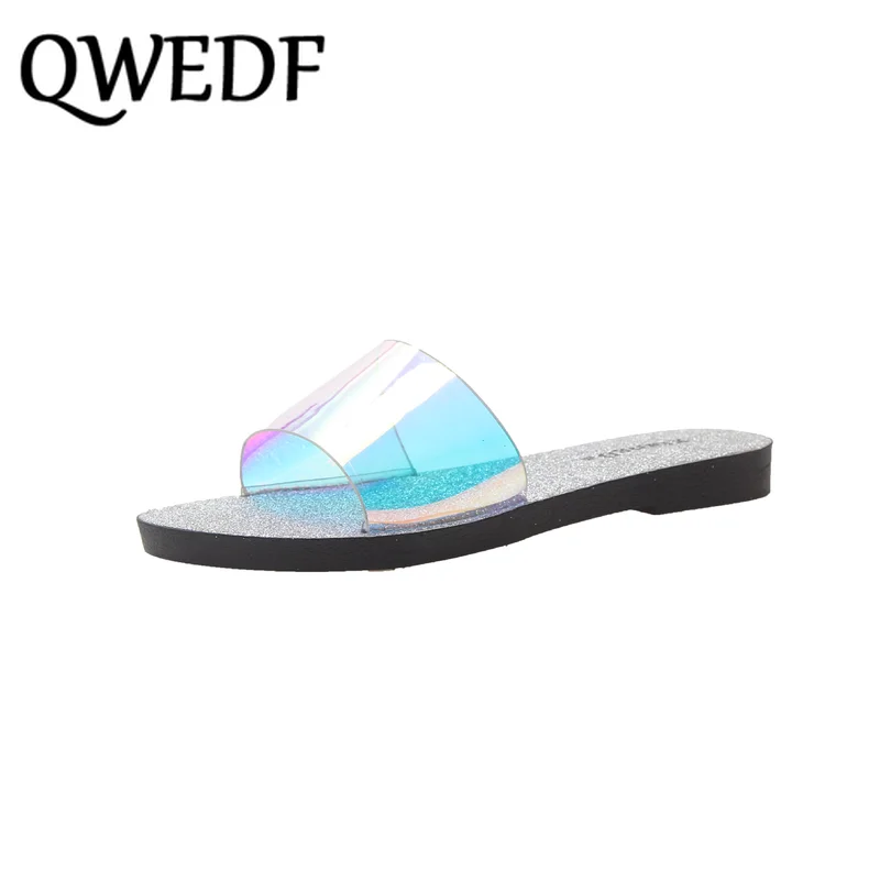QWEDF/прозрачные шлепанцы; женская летняя обувь; Новинка года; шлепанцы на плоской подошве без застежки; пляжные сандалии; женские шлепанцы; Вьетнамки; SP-63