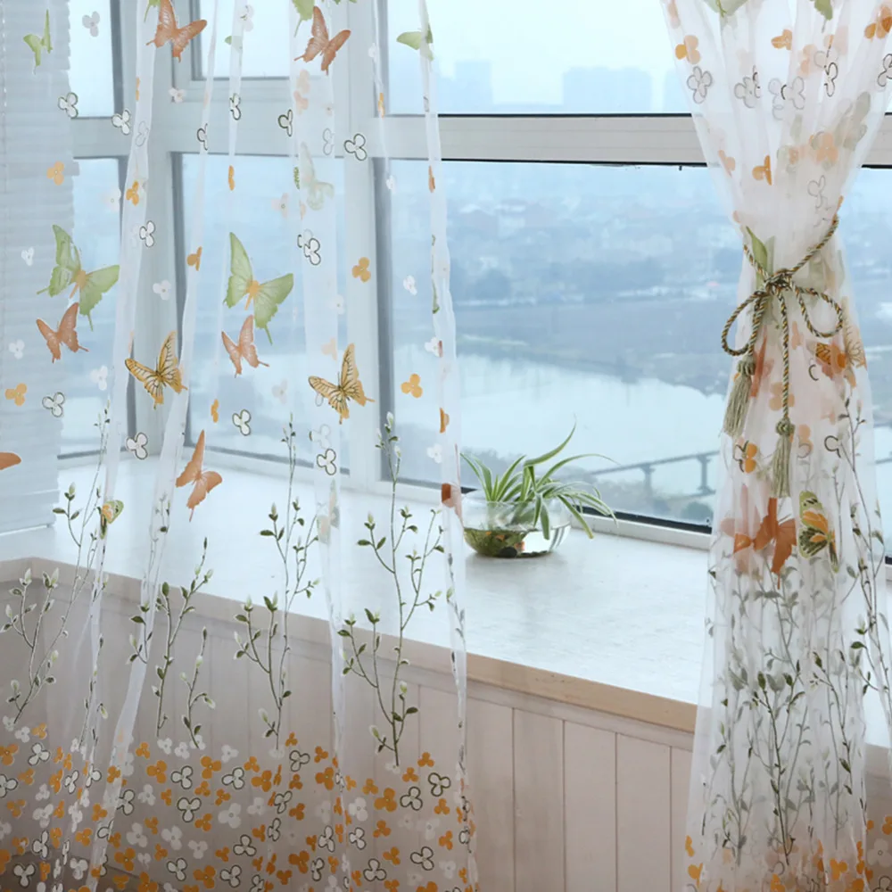 Тюлевые занавески светильник легкие оконные с вышивкой в виде бабочек для